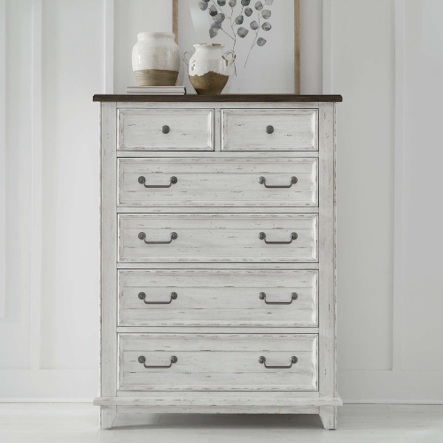 River Place 6 Drawer Chest in Distressed Riverstone White & Tobacco Brown Finish