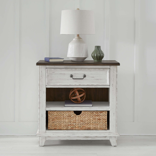 River Place Bedside Chest w/ Charging in Distressed White & Brown Finish