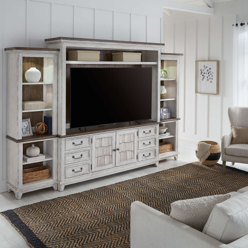 River Place 6 Piece Entertainment Center in Distressed White & Tobacco Brown Finish