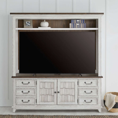 River Place 2 Piece Entertainment Center in Distressed White & Tobacco Brown Finish