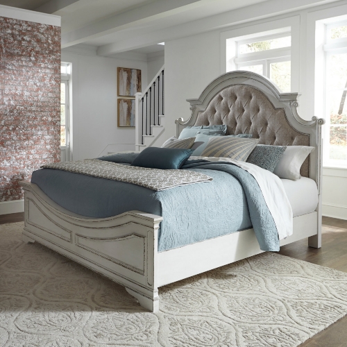 Magnolia Manor King Bed in Antique White & Tufted Chenille