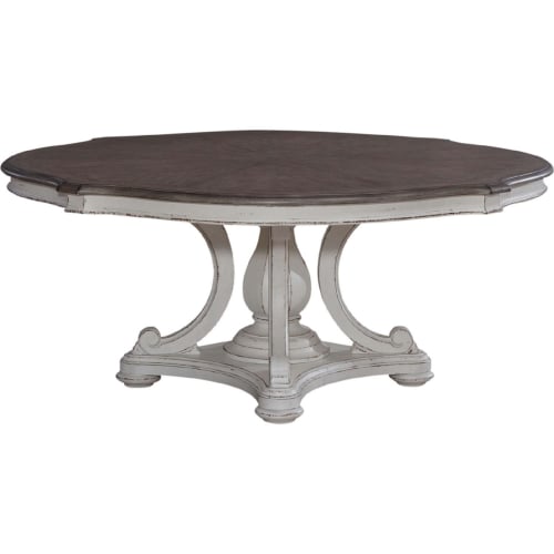 Magnolia Manor 72" Round Dining Table in Antique White & Weathered Bark Wood