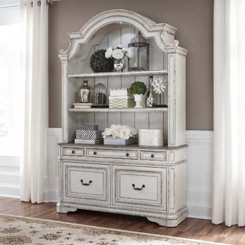 Magnolia Manor Credenza & Hutch in Antique White & Weathered Bark Wood