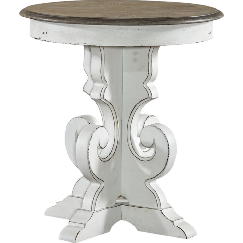 Magnolia Manor Round End Table in Antique White & Weathered Bark Finish