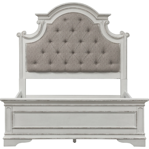 Magnolia Manor Full Bed in Antique White Wood & Tufted Brown Fabric