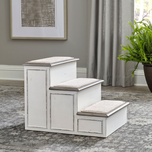 Magnolia Manor Pet Steps in Antique White & Weathered Bark Wood