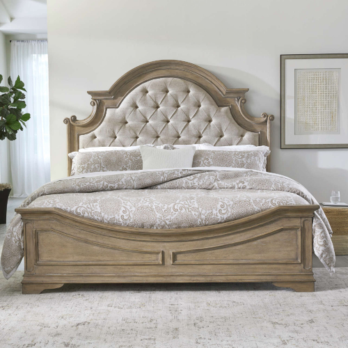 Magnolia Manor Queen Bed in Weathered Bisque & Tufted Taupe Fabric