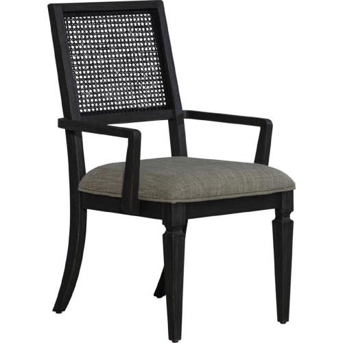 Caruso Heights Panel Back Dining Arm Chair in Aged Whiskey, Cane & Fabric