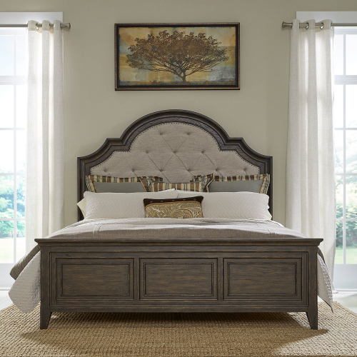 Paradise Valley King Bed in Saddle Brown Wood & Tufted Flax Fabric