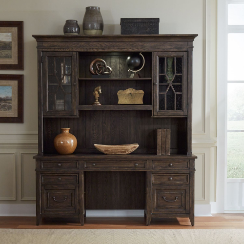 Paradise Valley Credenza & Hutch in Saddle Brown Finish & Seeded Glass