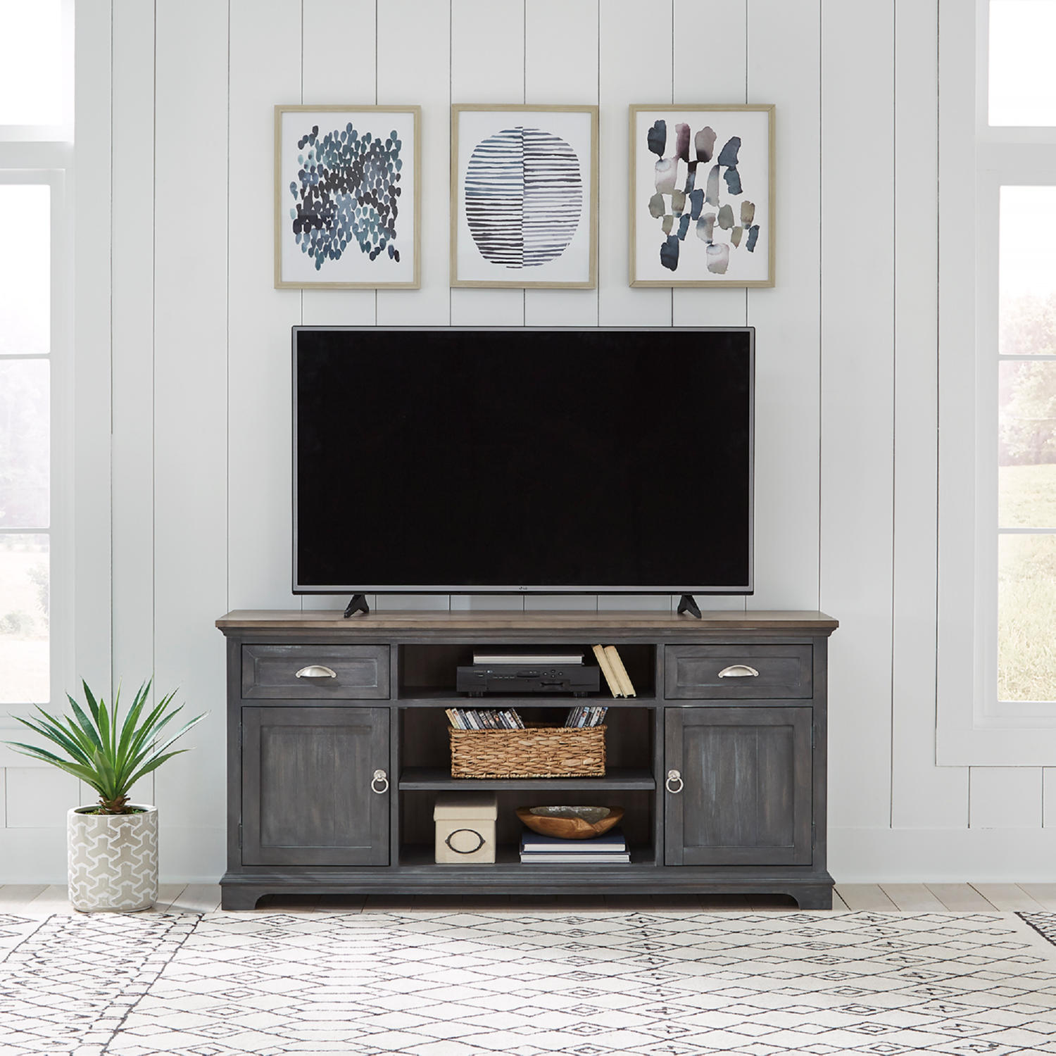 Threshold media stand hot sale weathered pine finish