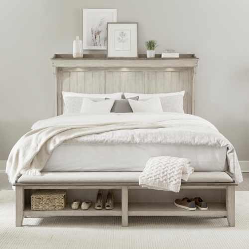 Ivy Hollow King Mantle Storage Bed in Distressed Linen Wood, Taupe & Fabric