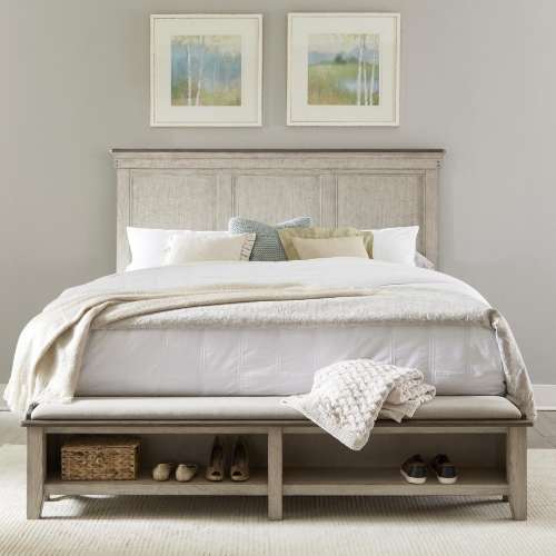 Ivy Hollow King Storage Bed in Distressed Linen Wood, Taupe & Fabric