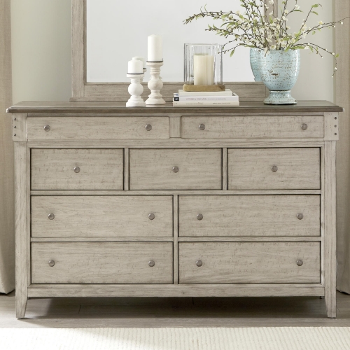 Ivy Hollow 9 Drawer Dresser in Distressed Weathered Linen & Taupe