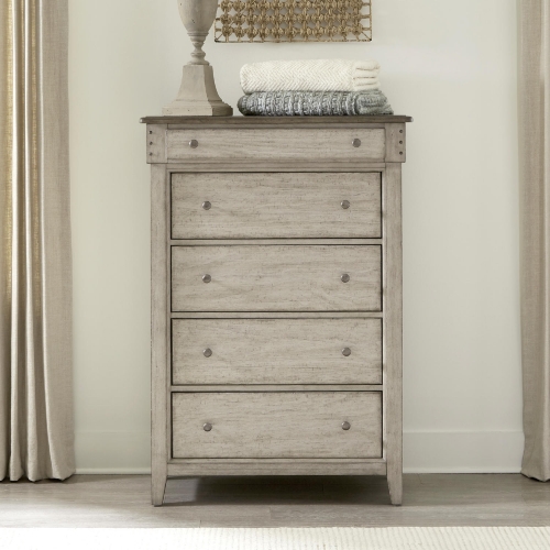 Ivy Hollow 5 Drawer Chest in Distressed Weathered Linen & Taupe