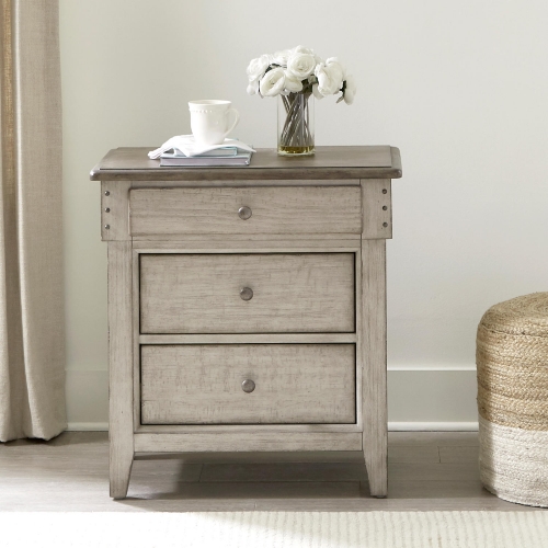 Ivy Hollow 3 Drawer Nightstand w/ Charging in Distressed Linen & Taupe