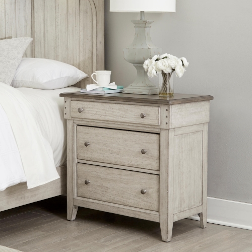 Ivy Hollow 3 Drawer Chest w/ Charging in Distressed Linen & Taupe