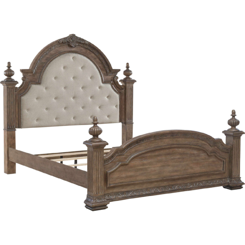 Carlisle Court King Poster Bed in Waxed Chestnut Finish & Tufted Linen