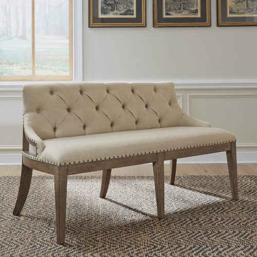 Americana Farmhouse Shelter Dining Bench in Taupe Wood & Tufted Linen