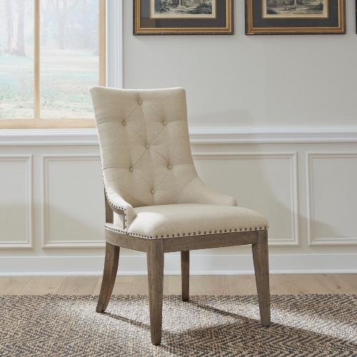 Americana Farmhouse Shelter Dining Chair in Taupe Wood & Tufted Linen (Set of 2)