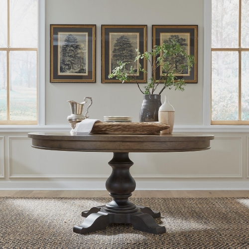 Americana Farmhouse 60" Round Pedestal Dining Table in Taupe & Black