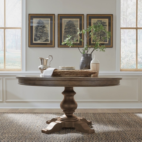 Americana Farmhouse 60" Pedestal Dining Table in Dusty Taupe Finish Wood