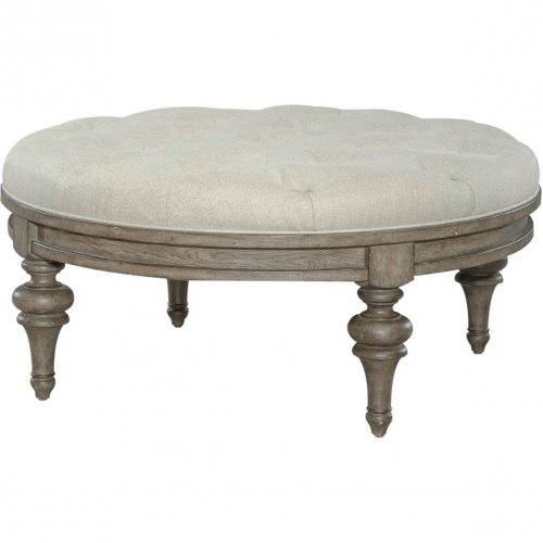 Americana Farmhouse Round Cocktail Ottoman in Tufted Linen & Taupe Wood