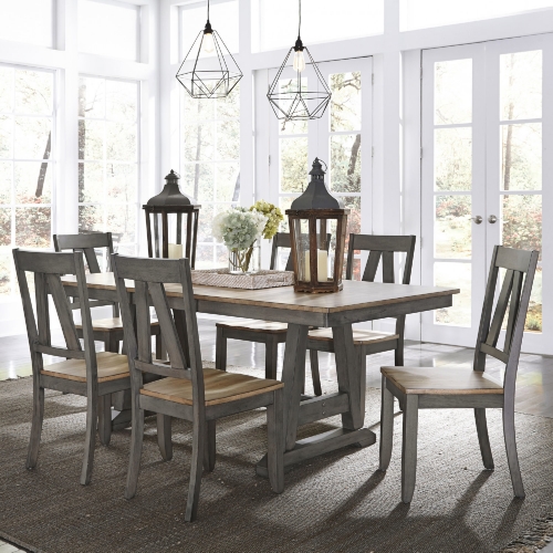 Lindsey Farm 7 Piece Trestle Dining Set in Gray & Sandstone