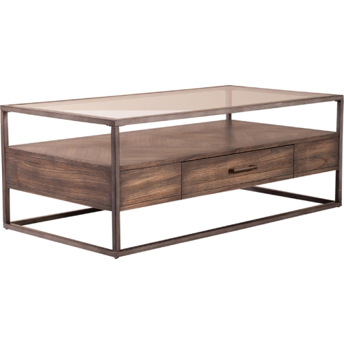 Jamestown Coffee Cocktail Table in Tobacco Brown, Metal & Glass