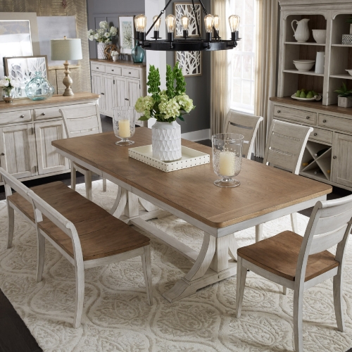 Farmhouse Reimagined 6 Piece Trestle Dining Set in White & Brown