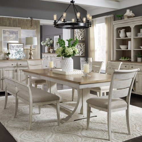 Farmhouse Reimagined 6 Piece Trestle Dining Set in White & Brown