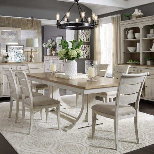 Farmhouse Reimagined 7 Piece Trestle Dining Set in White & Brown