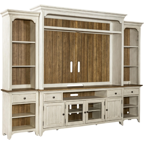 Farmhouse Reimagined Entertainment Center & Piers in Antique White & Brown