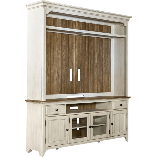 Farmhouse Reimagined Entertainment Center in Antique White & Chestnut