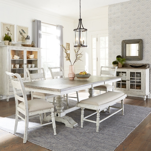 Whitney 6 Piece Trestle Dining Set in Weathered Gray