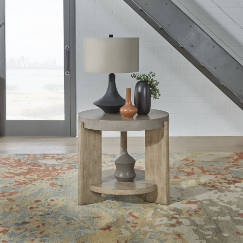 Affinity Round End Table in Taupe Wood & Faux Concrete