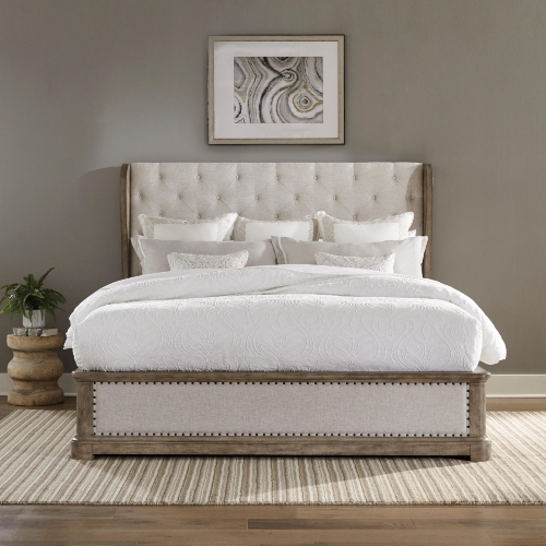 Town & Country King Shelter Bed  in Taupe Wood & Tufted Cream Linen