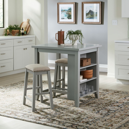 Brook Creek 3 Piece Counter Dining Set in Gray Wood & Neutral Fabric