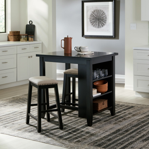 Brook Creek 3 Piece Counter Dining Set in Black Wood & Neutral Fabric