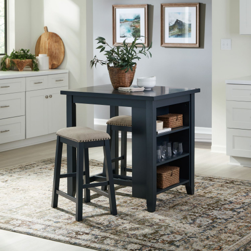 Brook Creek 3 Piece Counter Dining Set in Navy Blue Wood & Neutral Fabric