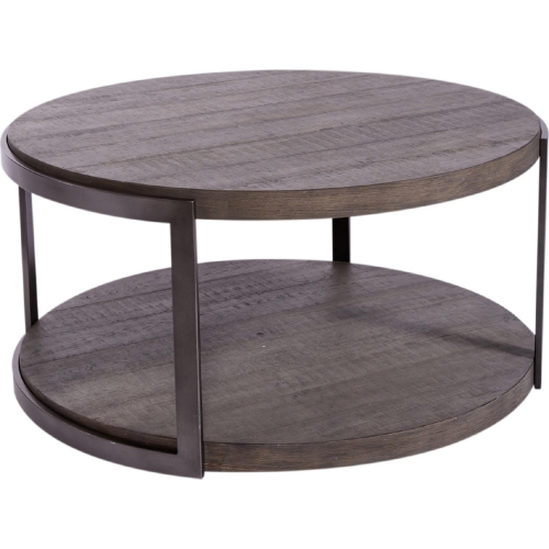 Modern View Round Coffee Cocktail Table in Distressed Gray Wood & Metal