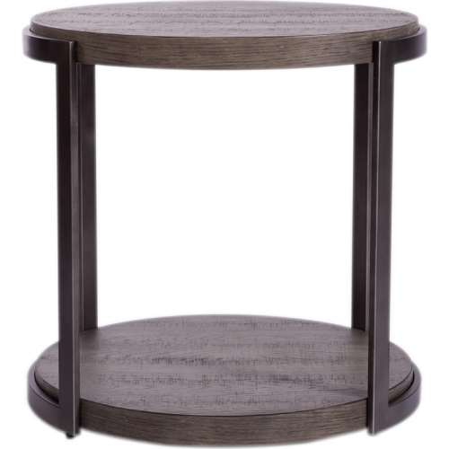 Modern View Round End Table in Distressed Gray Wood & Metal