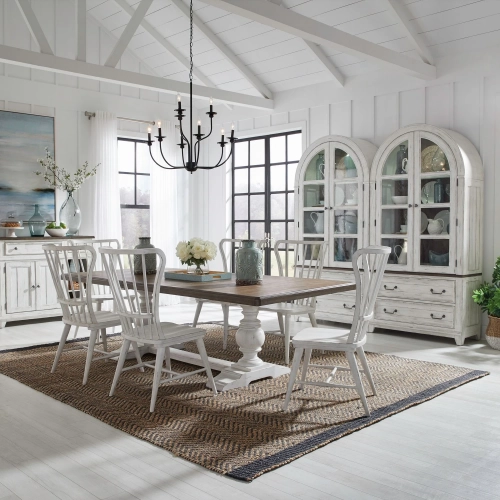 River Place 7 Piece Trestle Dining Set in Distressed White & Brown Wood
