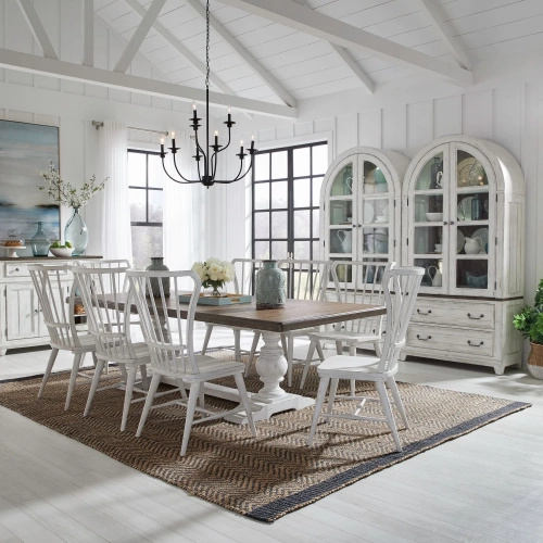 River Place 9 Piece Trestle Dining Set in Distressed White & Brown Wood
