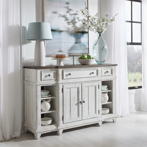 River Place Breakfront Server in Distressed White & Tobacco Brown