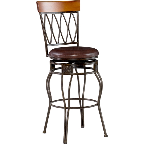 Four Oval Back Bar Stool in Brown Leatherette & Bronze Metal