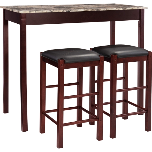 Lancer 3 Piece Counter Dining Set in Faux Marble, Espresso & Black Leatherette