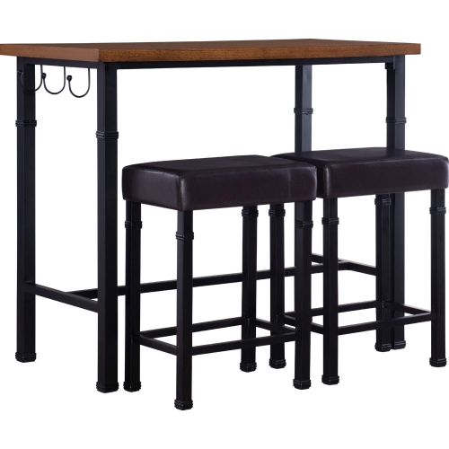 Austin 3 Piece Pub Dining Set in Wood, Black Metal & Brown Leatherette