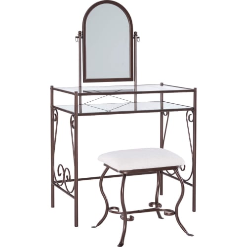 Clarisse Bedroom Vanity Set in Dark Metal & Beige Linen