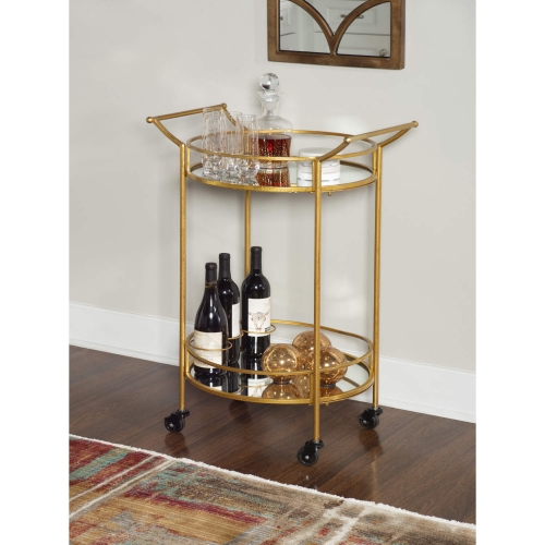 Linon Round Bar Cart in Gold Iron & Mirror